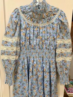 HUNTER BELL Ryan Dress Ditsy Blue Floral, High Neck Smocked